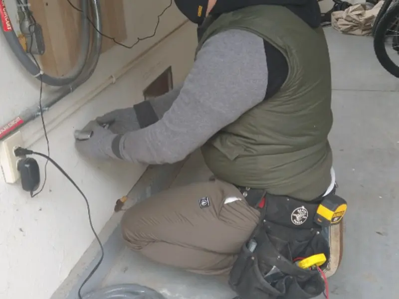 Electrician performing outlet wiring in a Trenton garage